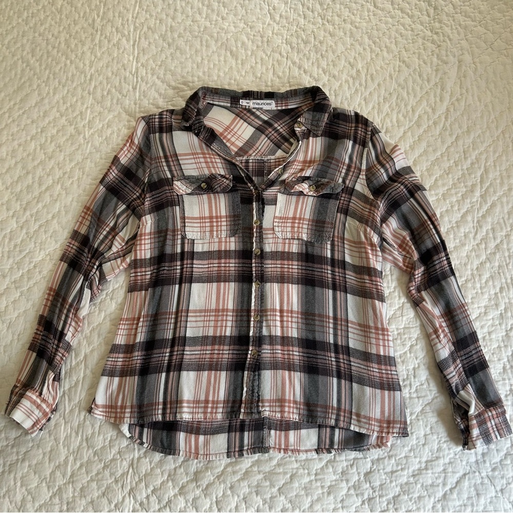 Maurices pink gray plaid button up shirt plus size 0